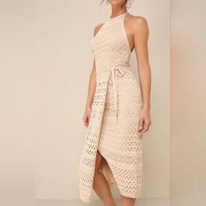 Lulus Blissful Strolls Beige Crochet Faux-Wrap Halter Midi Dress Beige sz Medium